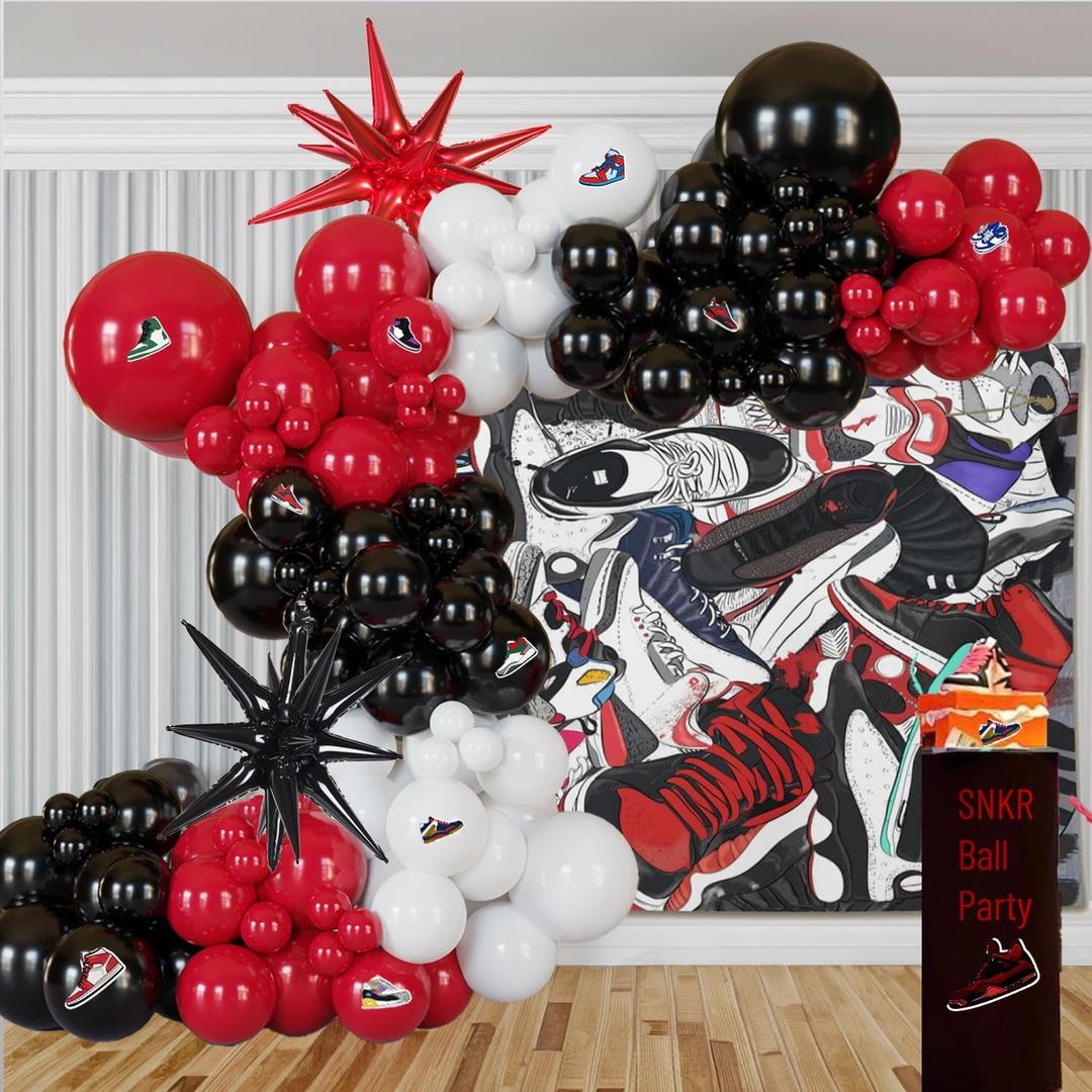 Red and Black White Balloon Garland Set 128 Pcs Red Balloons Sneaker Stickers for Ladybug Birthday Party Decorations, Graduation, Sports, Soccer, Sneaker Themed Celebrations