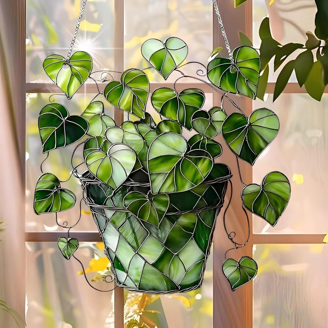 1PC Heart - Leaf Plant Acrylic Suncatcher Hanging, 7.08 inch Window Decor with Printed Stained Glass Style Design, Rainbow Maker Wall Art, Gift Idea & Garden Ornament Indoor Outdoor Use/ZW-03
