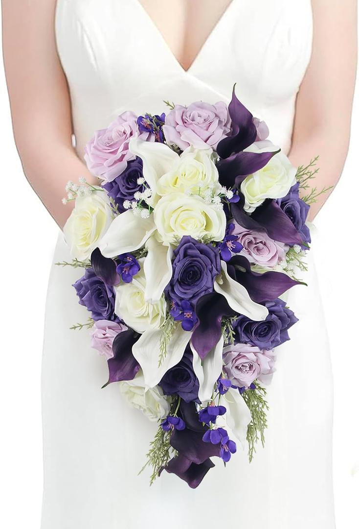Rinlong 11" Wide Cascading Wedding Bouquets for Bride Purple Cascade Bridal Bouquet for Wedding Artificial Flowers Real Touch Silk Bouquet (One Size)