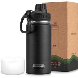 Koodee 16 oz Water Bottle Stainless Steel Double Wall Vacuum Insulated Water Bottle for School Wide Mouth Sports Bottle with Leakproof Spout Lid (Black)