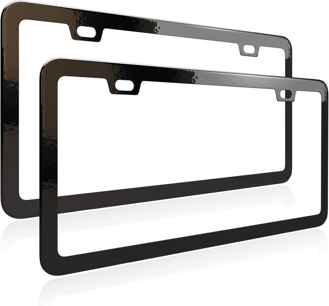 License Plate Frame, Metal Thin Stainless Steel with 2 Holes Screw Cap, 2 Pack ((Top-Purchased) Matte Black)