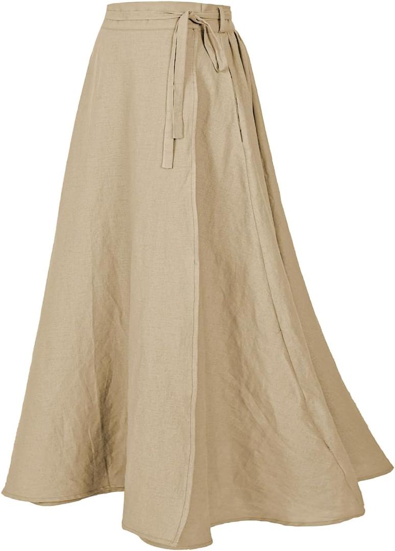 Women's Linen Wrap Skirt Casual Maxi Skirt Vintage A line Linen Skirt, Medium