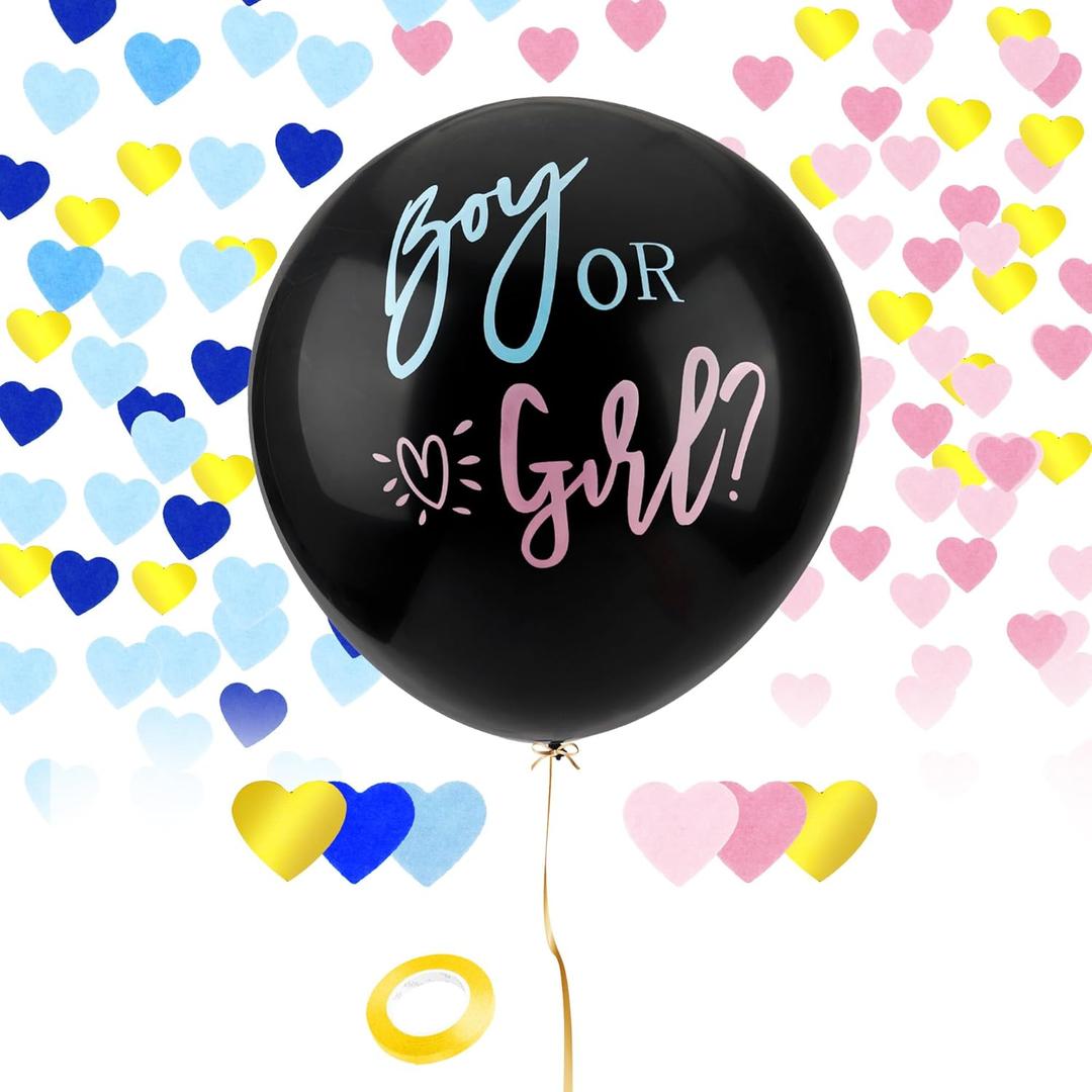 Gender Reveal Balloon, 36 Inch Black Gender Reveal Balloon with Blue and Pink Heart Shape Confetti Big Boy or Girl Balloon Kit for Baby Genders Reveal Ideas Party Decorations Baby Shower Party Supplie