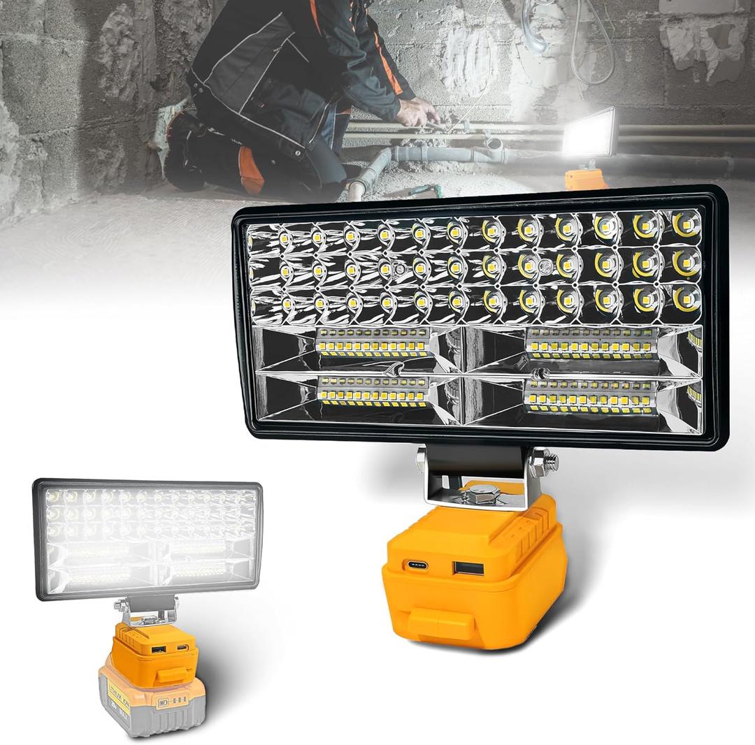 Cordless LED Work Light for 20V Battery, 90W 6800ML LED Wide Beam Flood Light with USB and Type C Charging Port Light for Emergency, Workshop, Garage. (No Battery) (90 Kilowatt Hours) (Yellow)