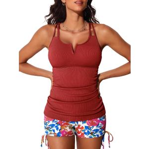 Summer Mae Tankini Swimsuits for Women Bathing Suits Top Ruched Two Piece Tummy Control Round Neck with V-Wire Swim Suits (Medium, Cerulean Crimson)