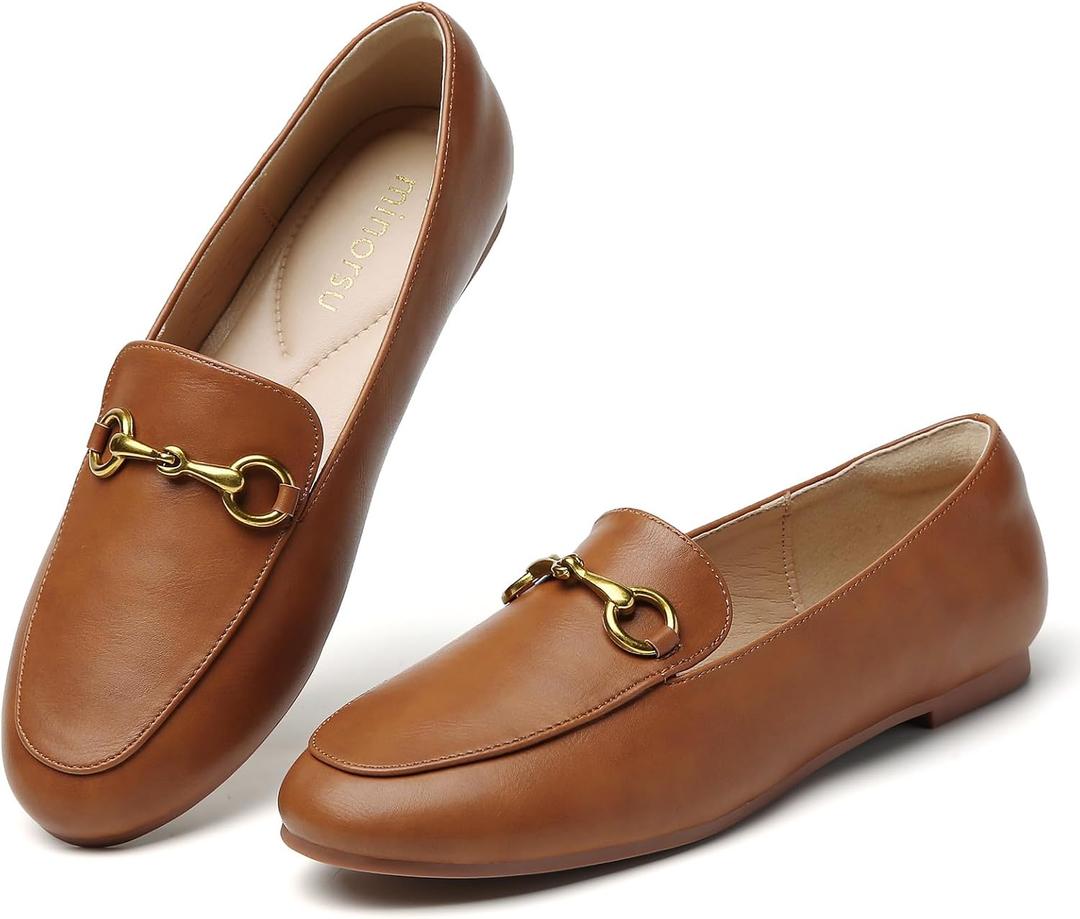 Minorsu Buckle Loafers for Women Slip On Round Toe Dress Flats Business Casual Work Driving Shoes (6.5, Dark Brown)