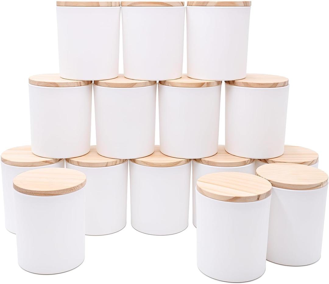 SHOWIN 10 OZ Thick Candle Jars for Making Candles 15 Pcs, Empty Jars with Wood Lids for Candle Making, Sample Container, Matte White