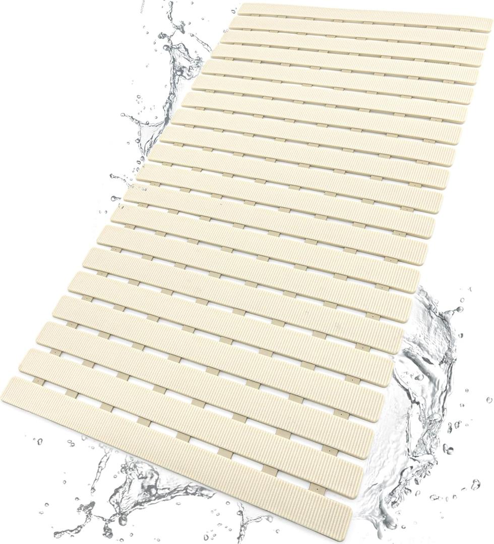 BEMISO Shower Mat Non Slip Bathtub Mat with Suction Cups and Drain Holes 27.5 x15.7 Inch Bath Mat for Tub & Shower.Easy Dry,Easy to Cut,Eco-Friendly (Beige)