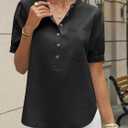 Cicy Bell Womens Puff Sleeve Tops Button Down Shirts Summer Casual Collared V Neck Cotton Blouse (Black, M)