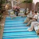 Outdoor Plastic Straw Rug Waterproof Patio 8x10 Blue Teal Stripe Mat for Porch Camping RV Balcony Deck Courtyard Reversible Lightweight Durable Portable Carpet