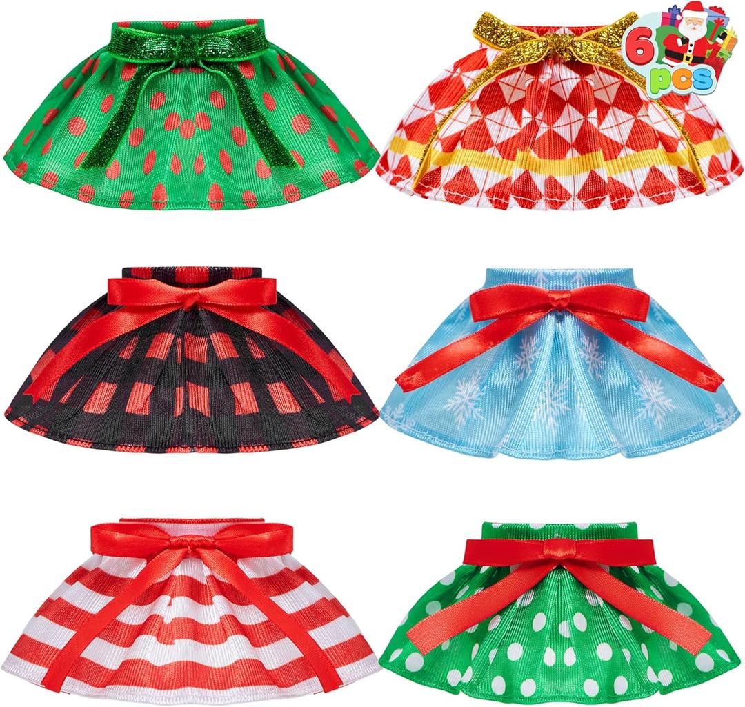 JOYIN 6PCS Christmas Clothing for Doll Plush Dance Skirt Set, 6 Designs Festive Looks, Cute Dresses for Xmas Kids Toddler Doll Couture Costume Accessories, Xmas Decorations Holiday Specials