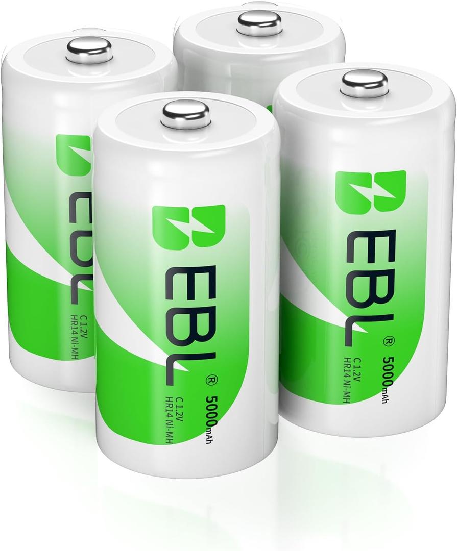 EBL C Batteries High Energy 5000mAh Ready2Use C Rechargeable Battery Cells, 4 Counts