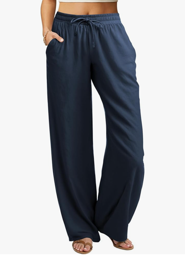 keriffe Women's Summer Casual Pants Loose Fit Beach Pants High Waist Drawstring Wide Straight Leg Palazzo Trousers Pockets Navy Blue, M