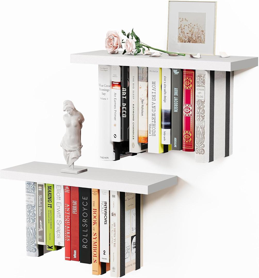 Floating Bookshelves for Wall, Rustic Wood Hanging Wall Bookshelf, Upside Down Book Shelf and Wall Mounted Bookshelves for Home Decor in Bedroom, Living Room, White 2 Pack (16.5 in)