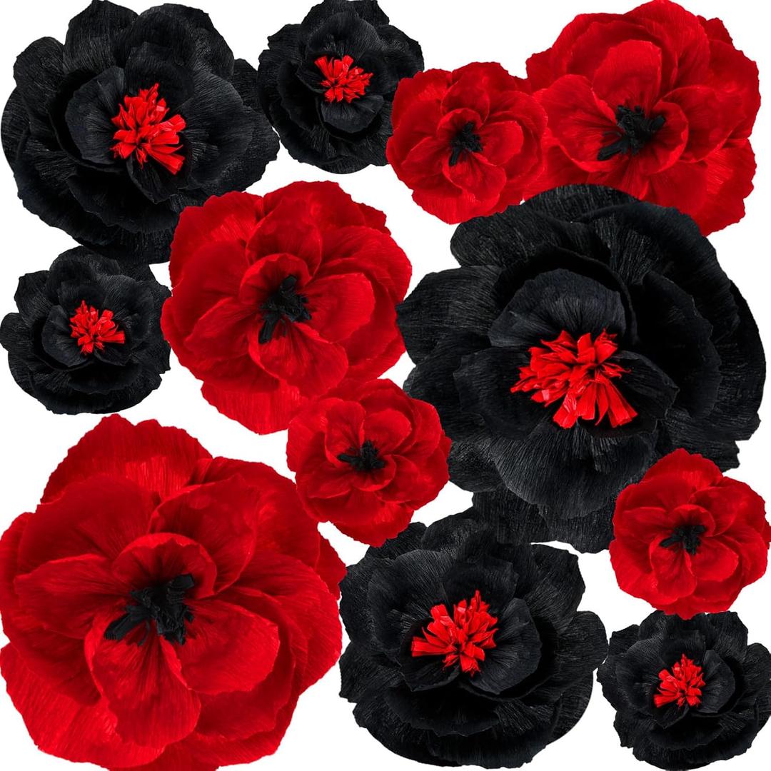 Giant Paper Flowers Artificial Large Paper Flower Decoration for Handcrafted Wall Backdrop Christmas Mexican Wedding Graduation Bridal Shower Birthday Party Supplies(Wine Red and Black,12 Pcs)