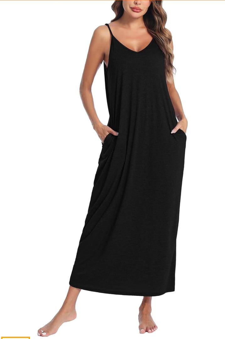 Marvmys Women's Cotton Long Nightgowns Spaghetti Strap V Neck Full Slip Sleep Shirts with Pockets. Size L, XL