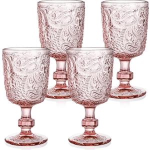 Tebery 4 Pack Pink Glass Wine Goblet Vintage, 10oz Colored Beverage Stemmed Glass Cups, Embossed Design Glassware Set for Water, Juice, Wine,Beer and Cocktails