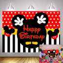 5x3FT Mickey Mouse Photo Backdrop Mickey Happy Birthday Backdrop Red Black Stripes Dots Cartoon Mouse Backdrops for Baby Birthday Party Cake Table Background