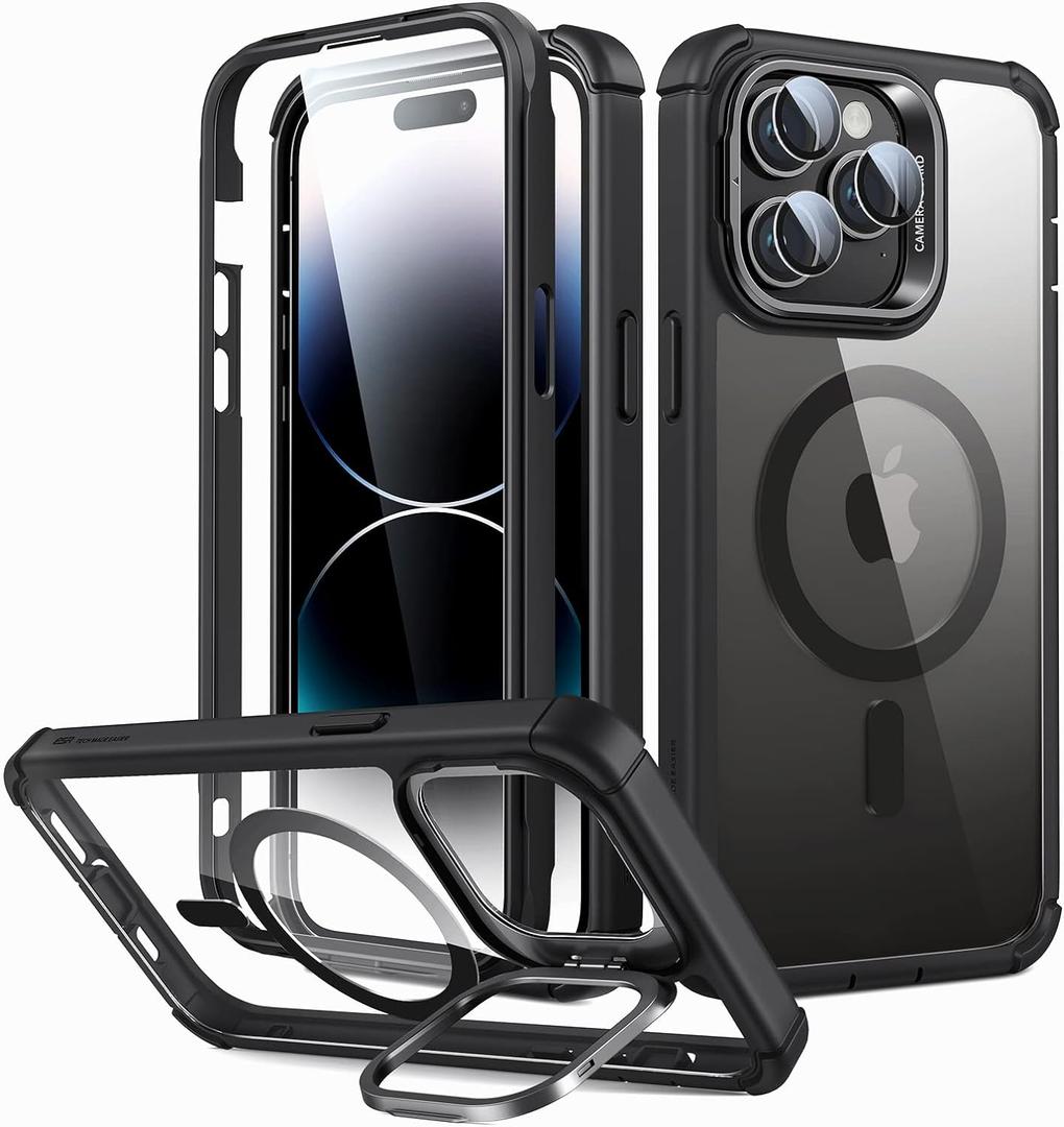 ESR for iPhone 14 Pro Case with Stand, Compatible with MagSafe, Full-Body Military-Grade Drop Proof Case with Built-in 9H+ Tempered Glass Screen Protector, Armor Series, Clear Black