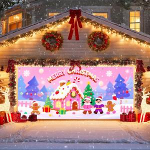 IVN Christmas Garage Door Cover Decoration 13x6ft Gingerbread House Candy Village Pink Snow Scene Merry Christmas Garage Door Banner Home Door Front Yard Decor for Xmas Eve Holiday Outdoor