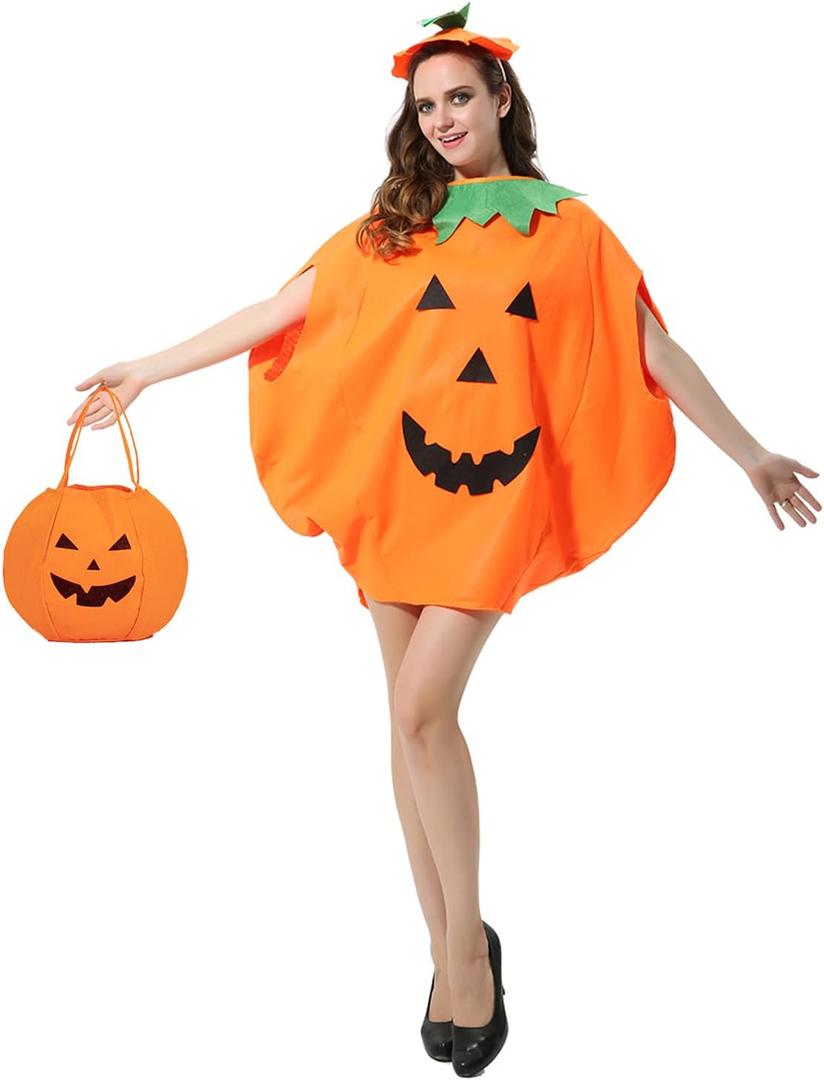 Adult Pumpkin Costume,3PCS Halloween Unisex Pumpkin Cosplay Party Clothes With A Hat,A Bag (5'3"- 5'11")
