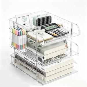 Clear Acrylic Desk Organizer, Multi-Tier Letter Tray with Pen Holder, Office Storage for Documents and Supplies