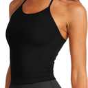 LASLULU Womens Sports Bra Seamless Long Crop Tank Racer Back Spaghetti Strap Workout Yoga Bra Padded Halter Neck Casual Tops (Black, L)