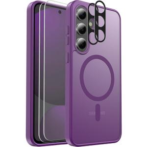 Ezanmull for Samsung Galaxy S24 FE Case Magnetic Shockproof, [Fit for MagSafe] [Glass Screen Protector + Camera Lens Protector] Translucent Anti-Fingerprint Case for Samsung Galaxy S24 FE (Purple)