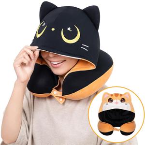 Travel Neck Pillow for Kids & Adults with Hood  Double-Sided Airplane Pillow,Cute Design,Cooling Ice Silk & Soft Velvet,Memory Foam Support,Adjustable Strap,Easy to Clean for Travel & Long Flights (Orange)