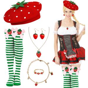 Parma77 6 Pcs Strawberry Costume Accessories Set for Women, Strawberry Beret Hat,Strawberrys Jewelry Set, Cotton Thigh High Over Knee Socks with Bowknot for Halloween Cosplay