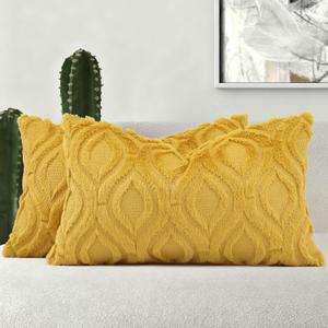 decorUhome Cozy Textured Throw Pillow Covers 12x20 Inch Set of 2, Soft Plush Faux Wool Mustard Yellow Accent Couch Pillow Covers for Modern Farmhouse Sofa Bed Living Room