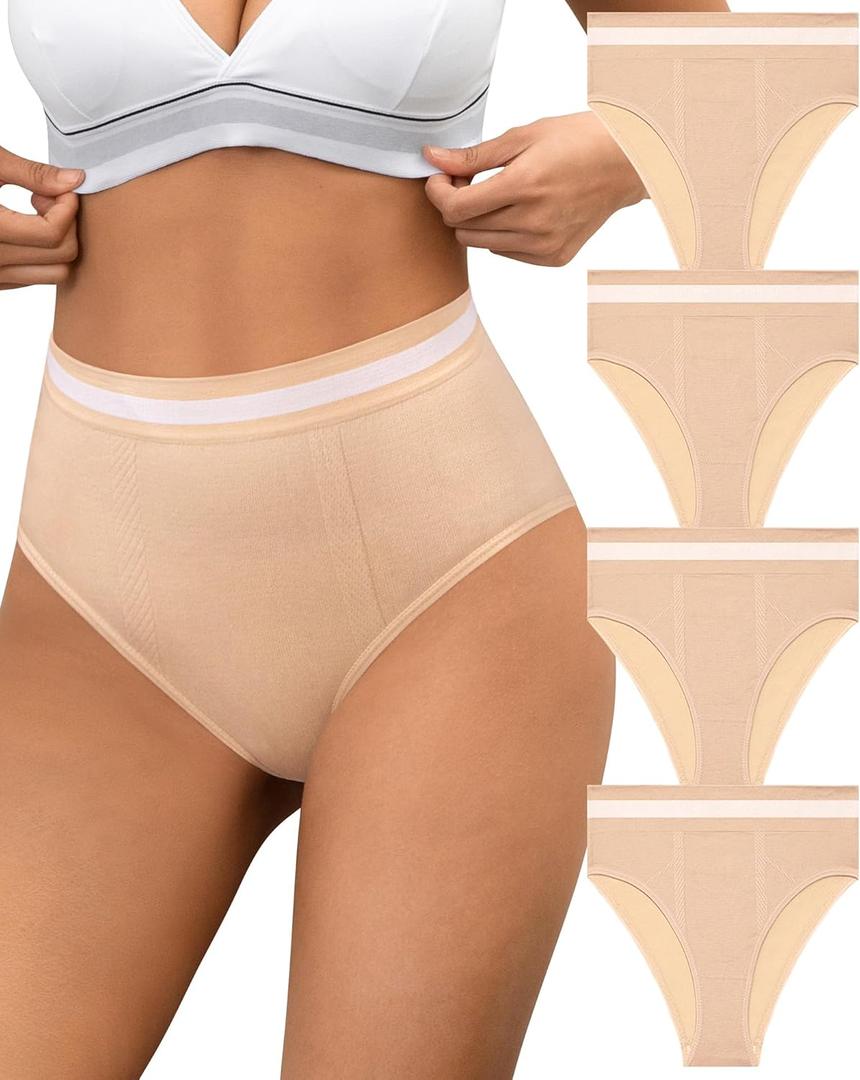 Eiggam Breathable Wicking Underwear High Waist Bikini Underwear Slight Tummy Control Panty Elastic No Show Cheeky Panty Pack (Large)