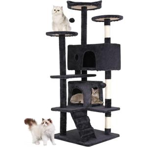 BestPet | 54" Cat Tree Tower | Dark Gray | Sturdy, Easy to Assemble, Multi-Level Activity Center with Sisal Scratching Posts, Condos, Perches, Hanging Cat Toys, Observation Decks & Ladder