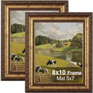 8x10 Gold Picture Frame, 2 Pack Ornate Vintage Picture Frames for Wall or Tabletop Display, 8x 10 Photo Frame Gold with Real Glass, Display Poster 5x7 with Mat or 8x10 without Mat for Antique Decor