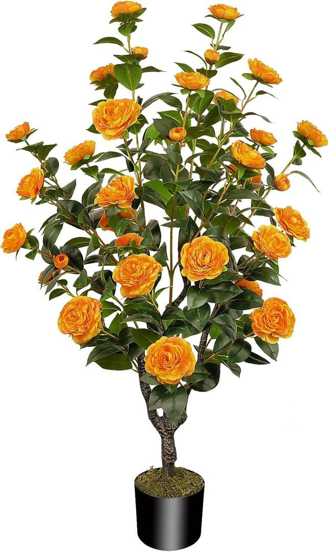 43.3"/3.6FT Artificial Tree with Camellia Flowers Fake Fall Tree with 32 Blooming Flowers Orange Tree for Autumn Home Front Door Outdoor Indoor Decor (Including Dried Moss)