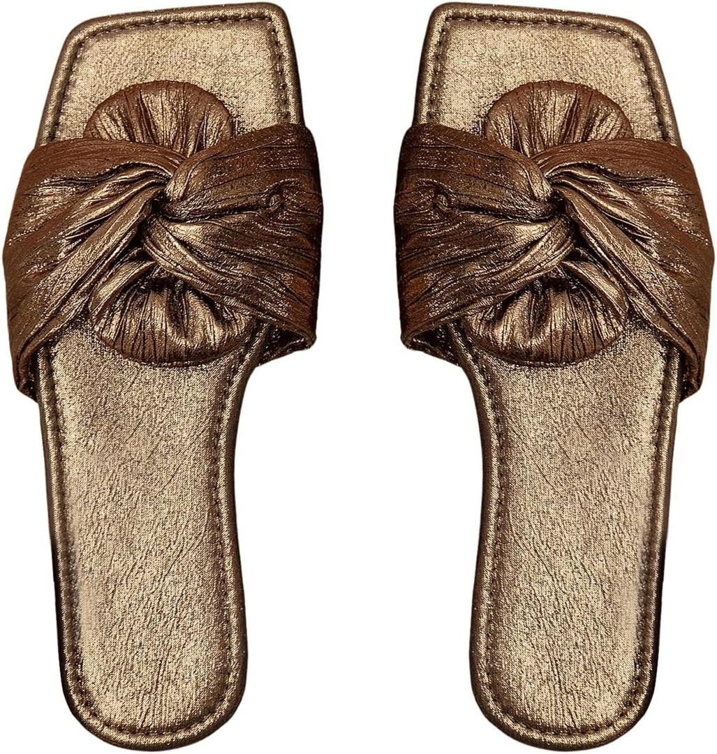 OYOANGLE Women's Metallic Twist Front Open Toe Flat Sandals Fashion Slide Sandals (8, Chocolate Brown)