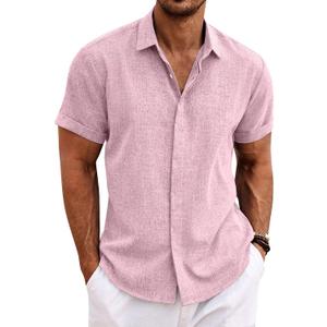 COOFANDY Men's Linen Shirts Short Sleeve Casual Shirts Button Down Shirt for Men Beach Summer Wedding Shirt (Pink, S)