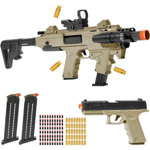 Realistic Toy Toy Gun Blaster, Soft Bullet Toy Dart Hand Gun Soft Bullet Pistol Foam Shell ejecting Blasters, with 2 Clips & 80 Foam Bullets, Gifts for Boys Girls Adults Age 8+ (Brown)