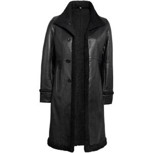 Blingsoul Women's Long Leather Coat Real Lambskin Leather Jacket with Shearling Collar, Car Coat Style Leather Jacket Women, Large