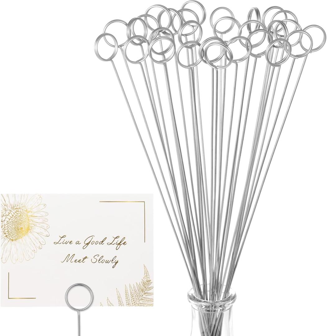 30Pcs Floral Card Holder Picks-Wire Place Card Holder for Wedding-Metal Photo Picture Clip Holder-Table Name Number Holder,Memo Note Holder for Flower Arrangement,Wedding,Baby Shower,Party,Decorations (Silver, Round)