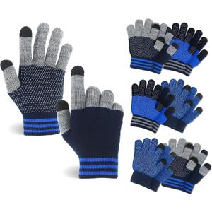 MIG4U Kid's Winter Gloves Warm Magic Stretch Knitted Glove for Children Teens Boys 3/6 pairs (Grey/Navy/Blue-6pairs)
