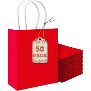 qiqee 50-Packs Gift Bag with Handles Bulk Red Paper Bags Multiple Uses (8.3"x3"x6" Small Size)