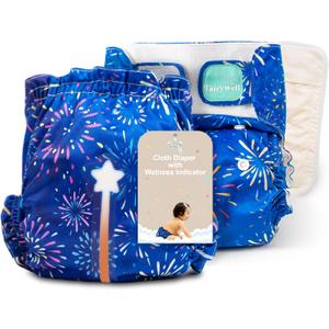 Reusable Cloth Diapers with Wetness Indicator, Swim Diaper, 1 Waterproof Skin Friendly CoversInsert One Size Adjustable Washable Diapers for Newborns, Baby (11-33 pounds, 0-3 Years, Firework)