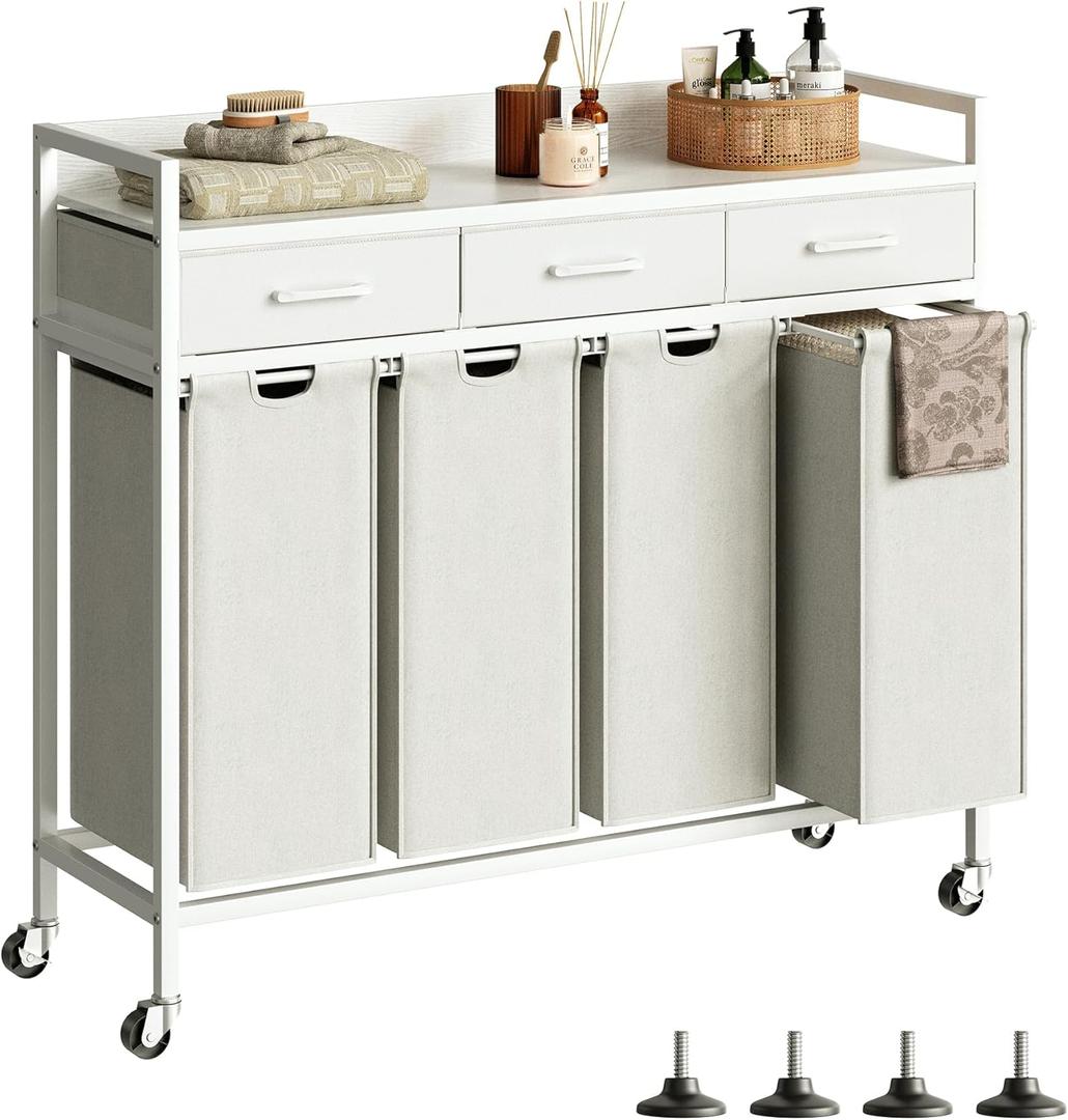 Herture Laundry Sorter 4 Section Laundry Hamper with Shelf, Durable 4 Section Laundry Basket with Rolling Wheels & Storage Drawers, 4 x 13.26 Gallons (50L), White PF10XLW