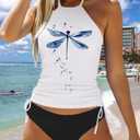Women's Funny Graphic Drawstring Halter Two Piece Tankini Set Summer Swimwear Beach Vacation Swimsuits (White, S)