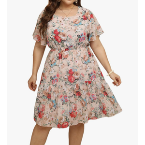 HBEYYTO Women's Plus Size Floral Print Boho Beach Dress Casual Ruffle Sleeve Elastic Waist Swing Chiffon Sundress, 2X