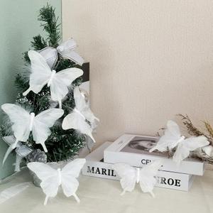 12 PCS White Feather Butterfly Glitter Butterflies Ornaments Clips on for Spring Christmas Tree Crafts Flower Bouquets Fairy Garden Wedding Home(White)