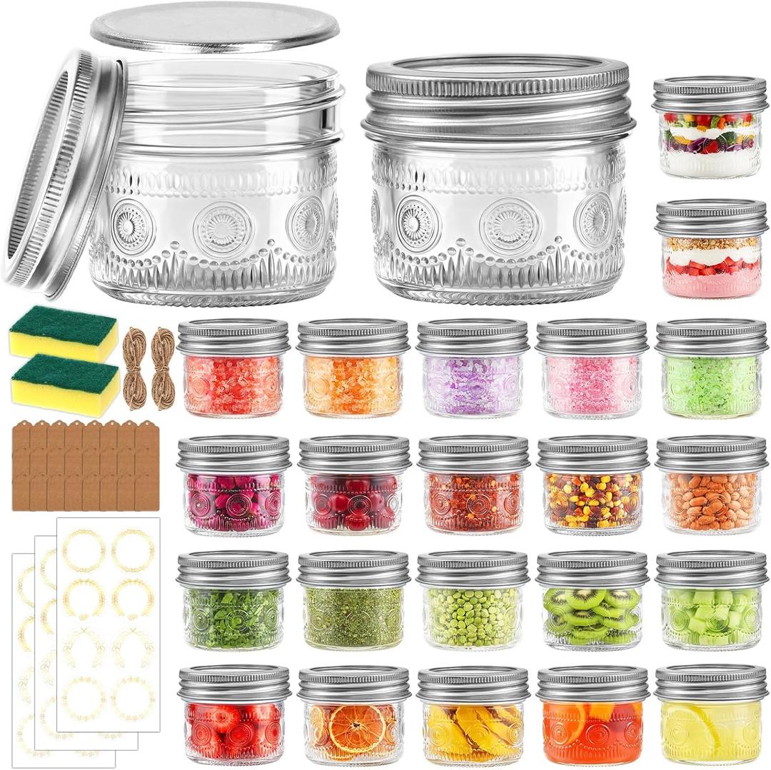 Alotpower 4 oz Glass Mason Jars with Embossed Pattern 24 Pack, Small Canning Jars with Airtight Lids, Mini Glass jars for Jams, Jelly, Honey, Spices,Desserts,Wedding Favors and Gift Packaging