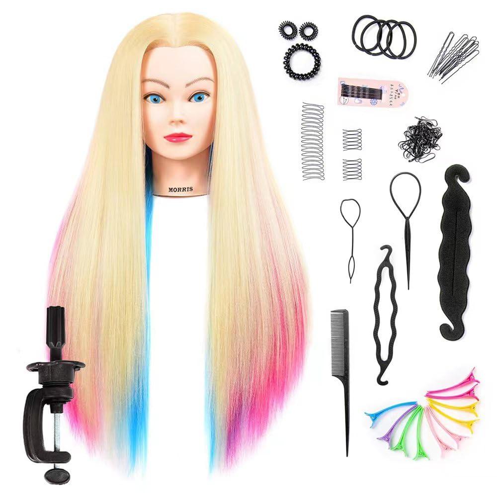 Mannequin Head with Long Synthetic Fiber Colorful Hair Styling Training Head 26-28inch Manikin Cosmetology Doll Head Hairdressing Training Model for Cutting Braiding Practice and Free Clamp Holder