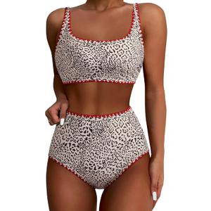 SUUKSESS Women High Waisted Bikini Set Floral Print Color Block 2 Piece Swimsuit (Large, 148 Leopard Red)